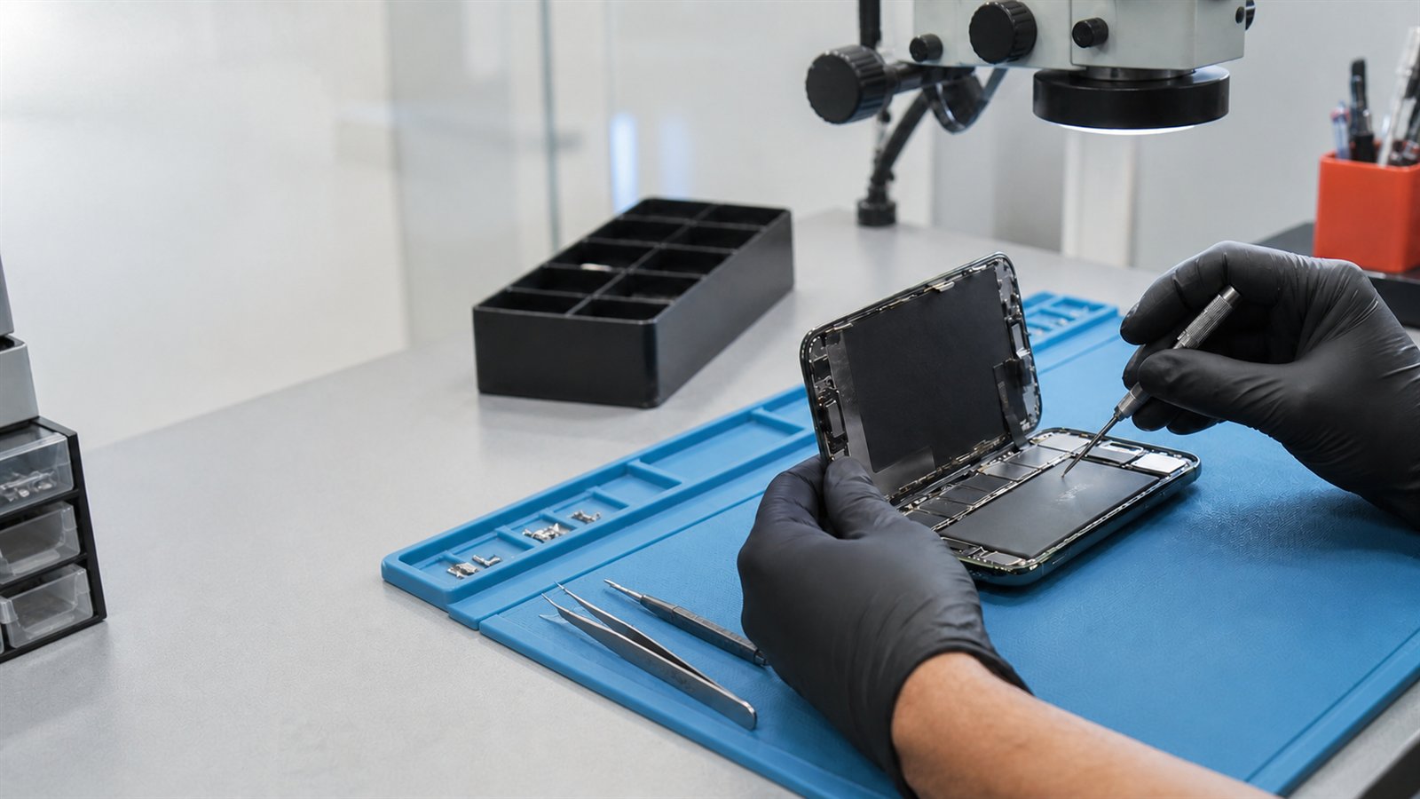Naprawa iPhone’a w serwisie PCDOCTOR Białystok Serwisant naprawiający iPhone’a na niebieskiej macie serwisowej w PCDOCTOR w Białymstoku